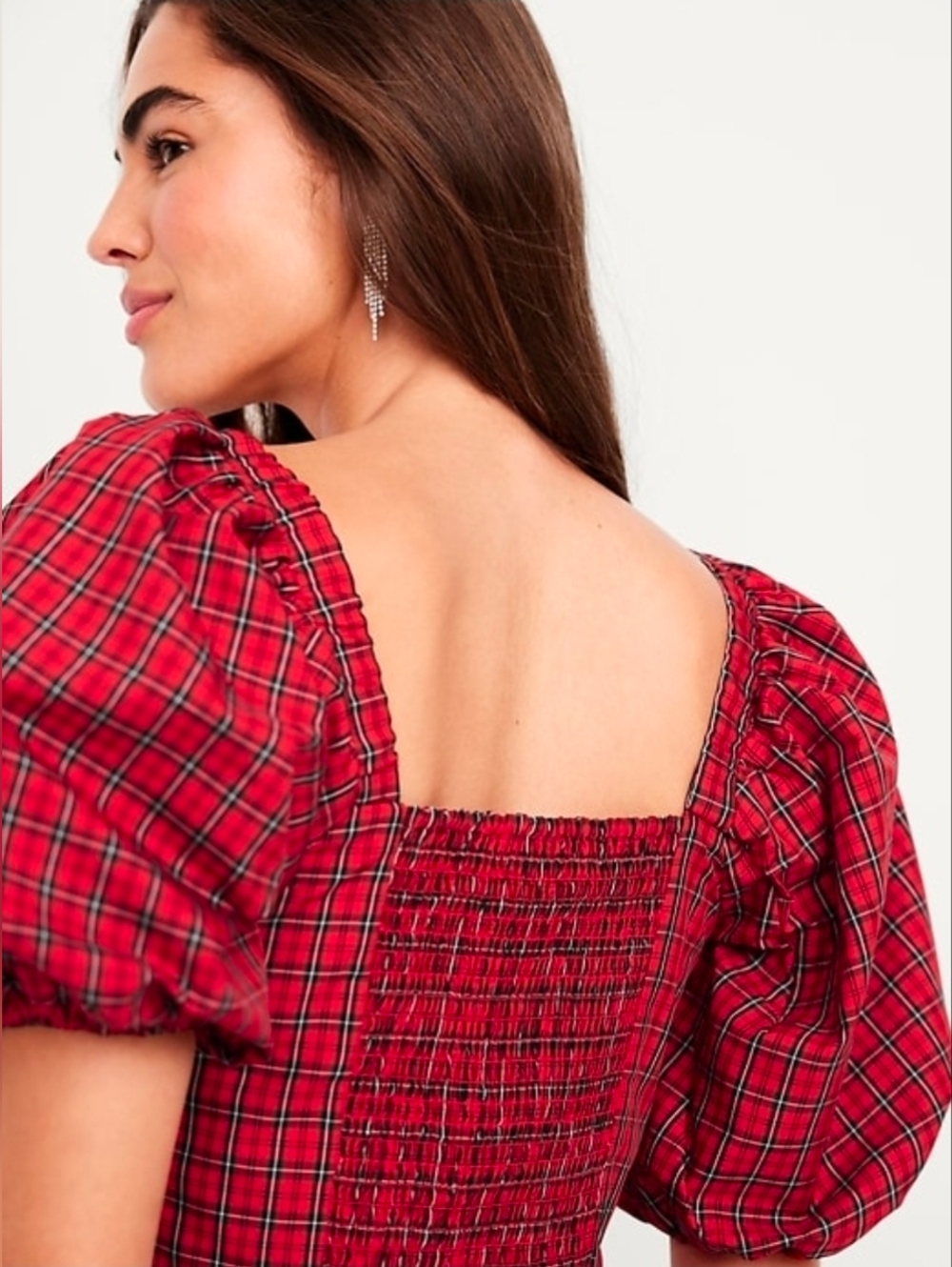 NWT/ Old Navt Puff-Sleeve Plaid Fit & Flare Taffeta Mini Dress Petite Large - Picture 4 of 7